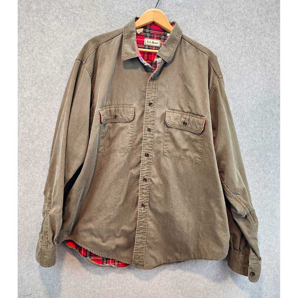 L.L.Bean Men's XL Regular Green Cotton Flannel Button-Up Shirt Pockets